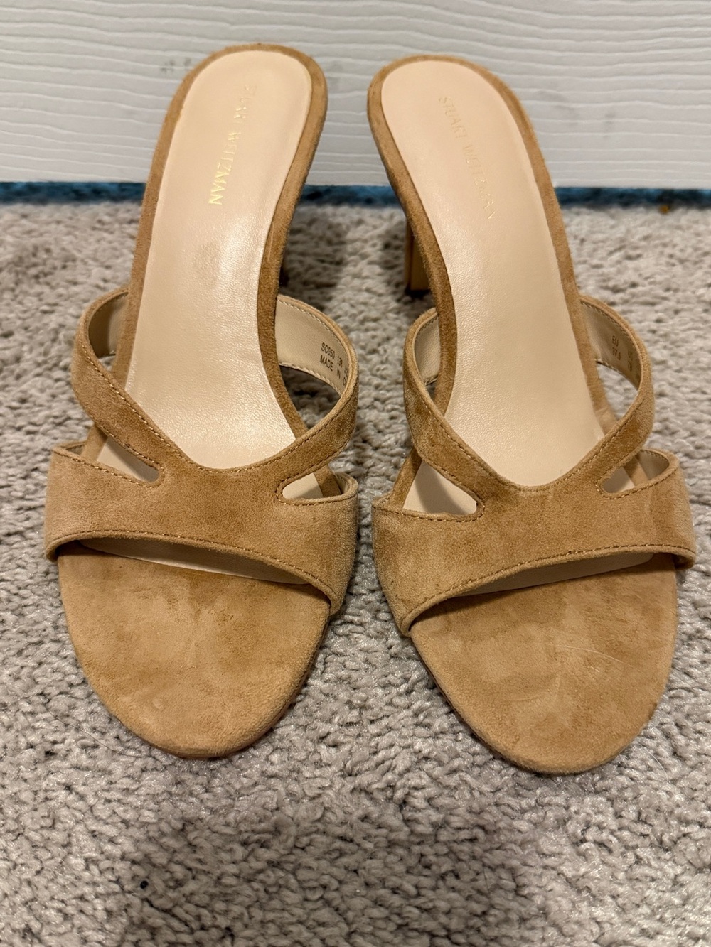 Stuart Weitzman Tan Suede Open-Toe Slide Heels